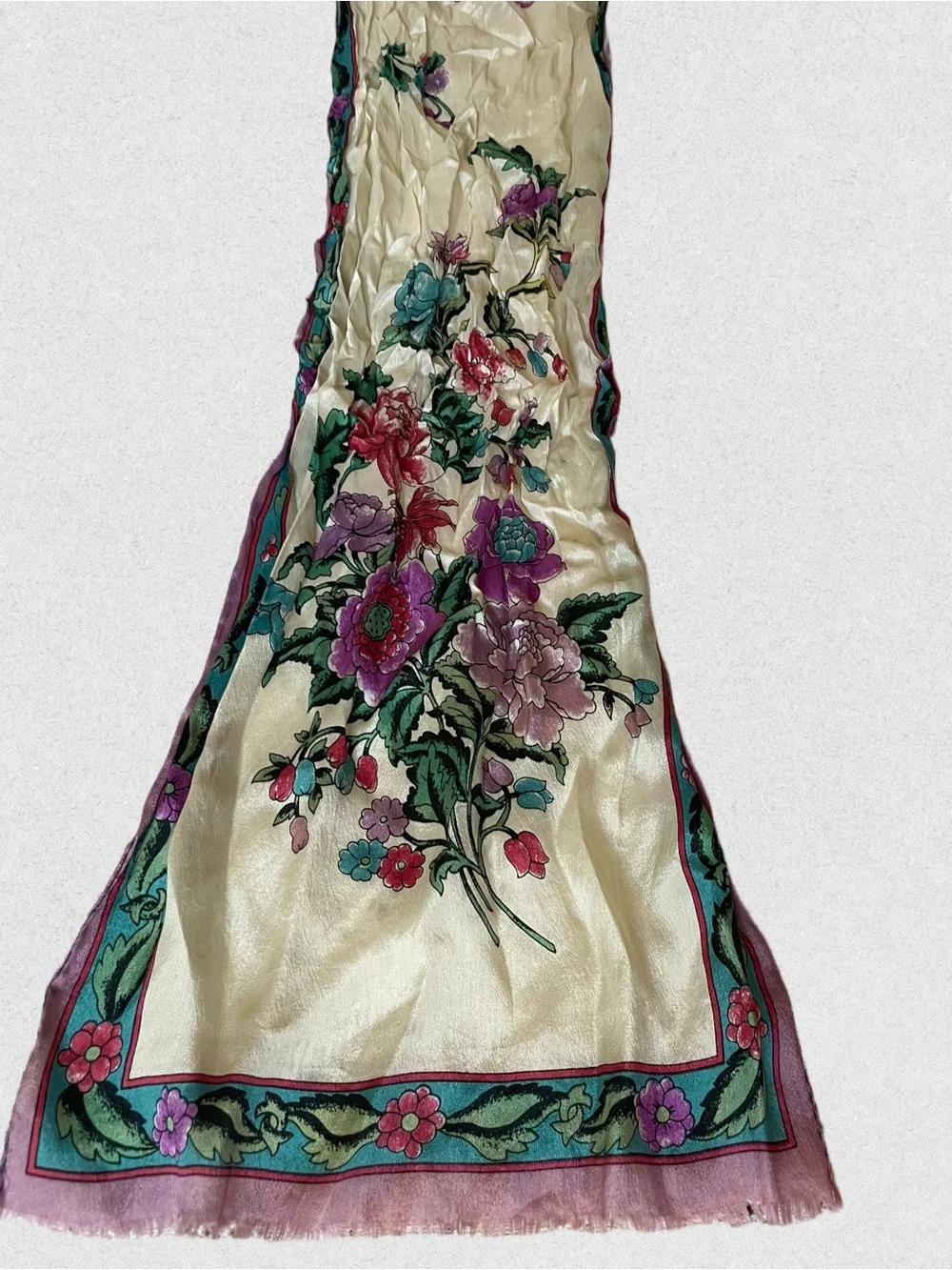 Vintage Oscar de la Renta Silk Cream, Purple, Teal Floral Silk Scarf